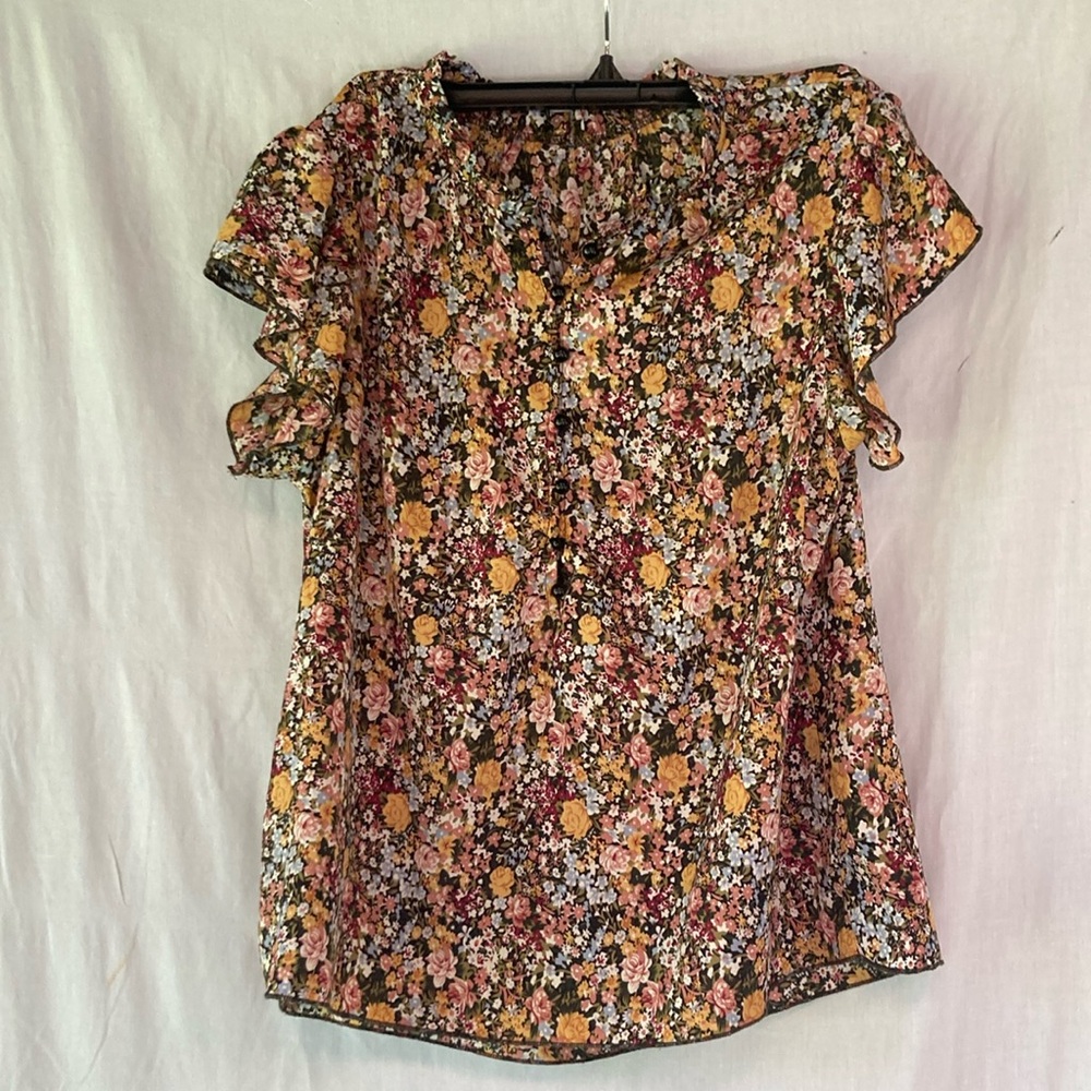 Amazon Orange and Brown Ruffled Cap Sleeve Blouse